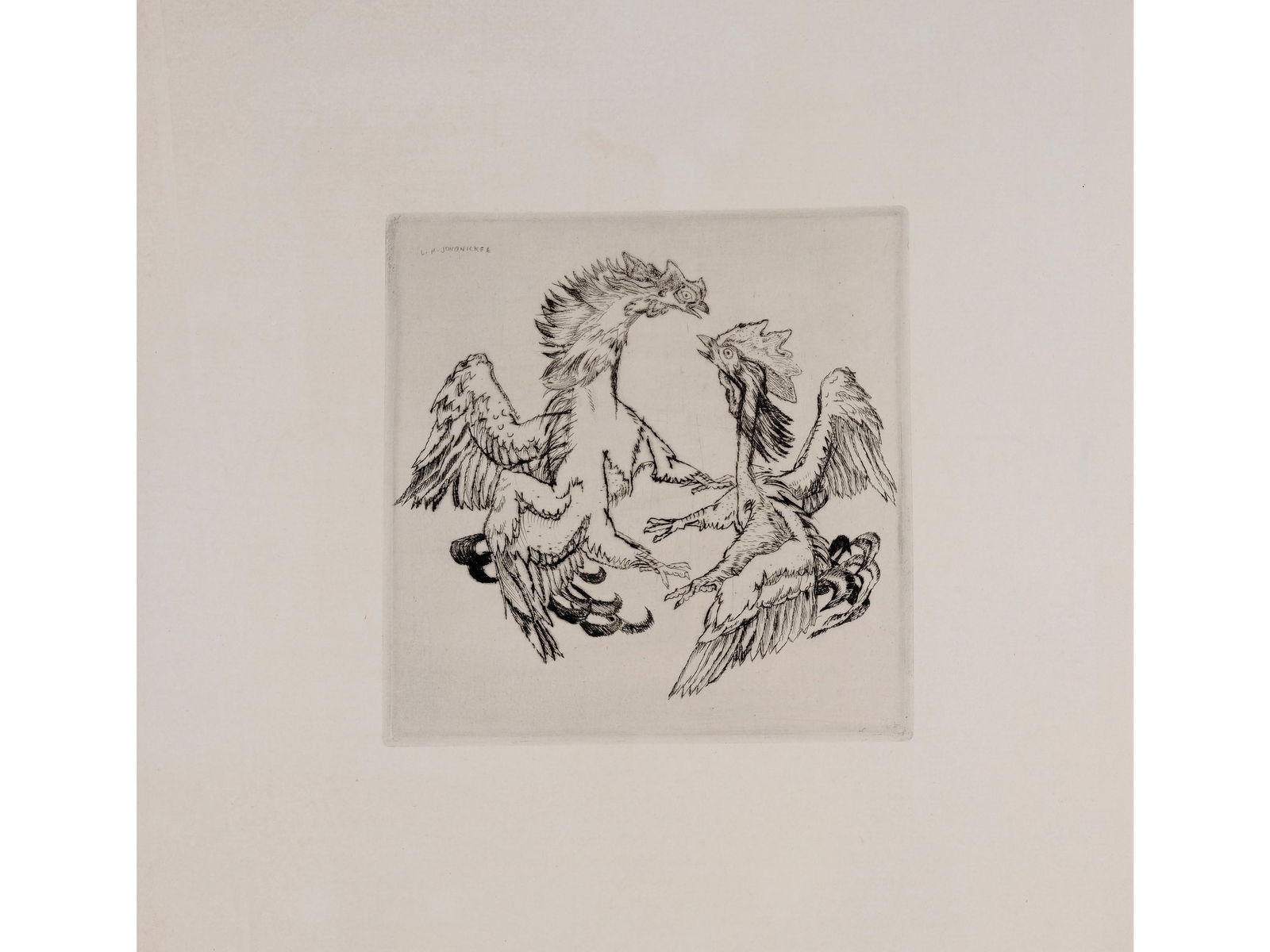 Ludwig Heinrich Jungnickel, Wunsiedel 1881 - 1965 Vienna: Ludwig Heinrich Jungnickel Wunsiedel 1881 - 1965 Vienna Cockfight Etching on paper 15 x 15 cm signed and inscribed in the plate lower right Ludwig Heinrich Jungnickel Wunsie