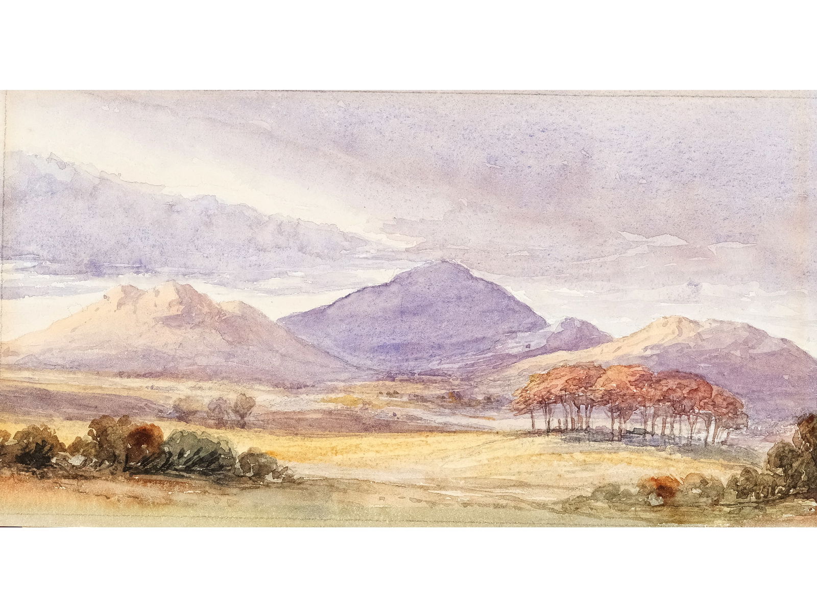 English school in the style of John Constable, East Bergholt 1776 - 1837 London: English school in the style of John ConstableEast Bergholt 1776 - 1837 LondonHilly landscapeWatercolor on cardboard11.5 x 20.5 cm, with frame 27.8 x 32.9 cm