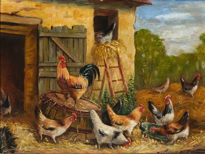 Josef Lorenzl, Vienna 1892 - 1950 Vienna: Josef LorenzlVienna 1892 - 1950 ViennaHenhouseOil on cardboard29.5 x 37.5 cm, with frame 41.5 x 49 cmsigned l.r.