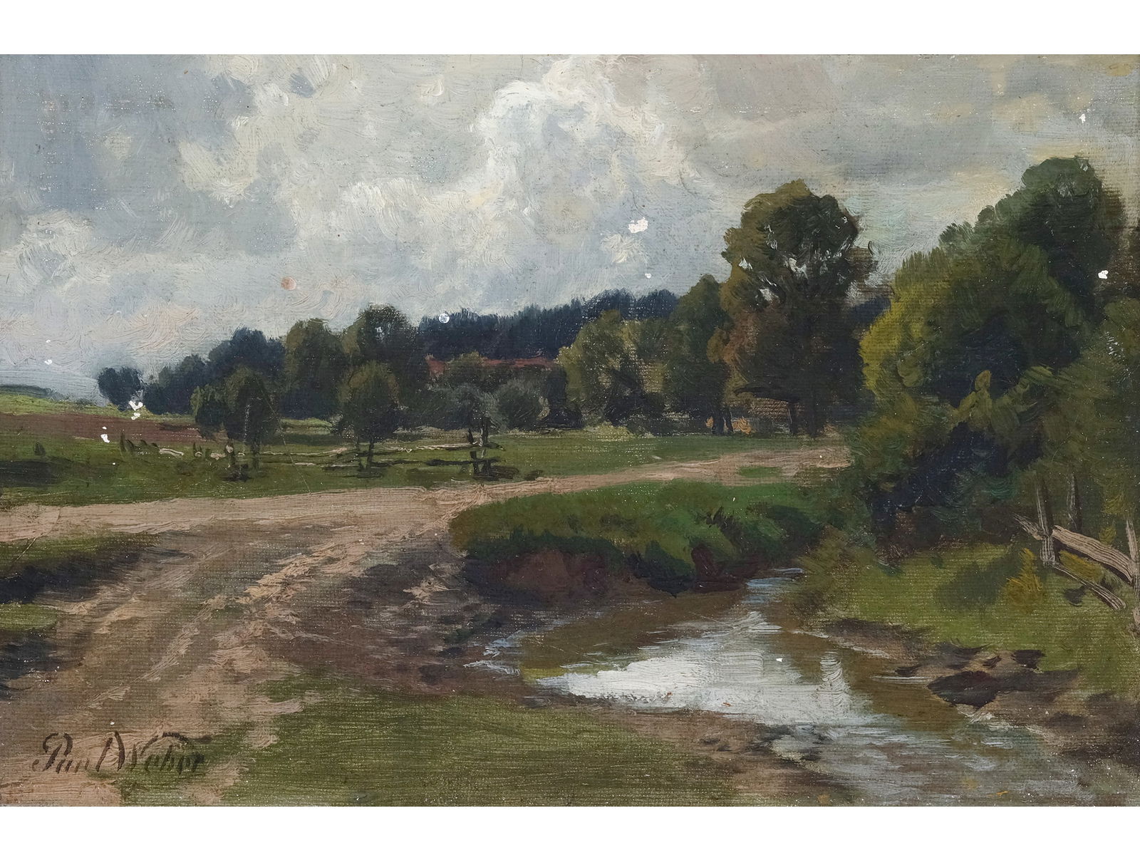 Paul Weber, Arnstadt 1893 - 1983 Schretstaken near Moelln: Paul Weber Arnstadt 1893 - 1983 Schretstaken near Moelln Landscape Oil on canvas on cardboard 17 x 25.3 cm, with frame 28 x 35.5 cmsigned l.l.Minimal paint chips, see photo