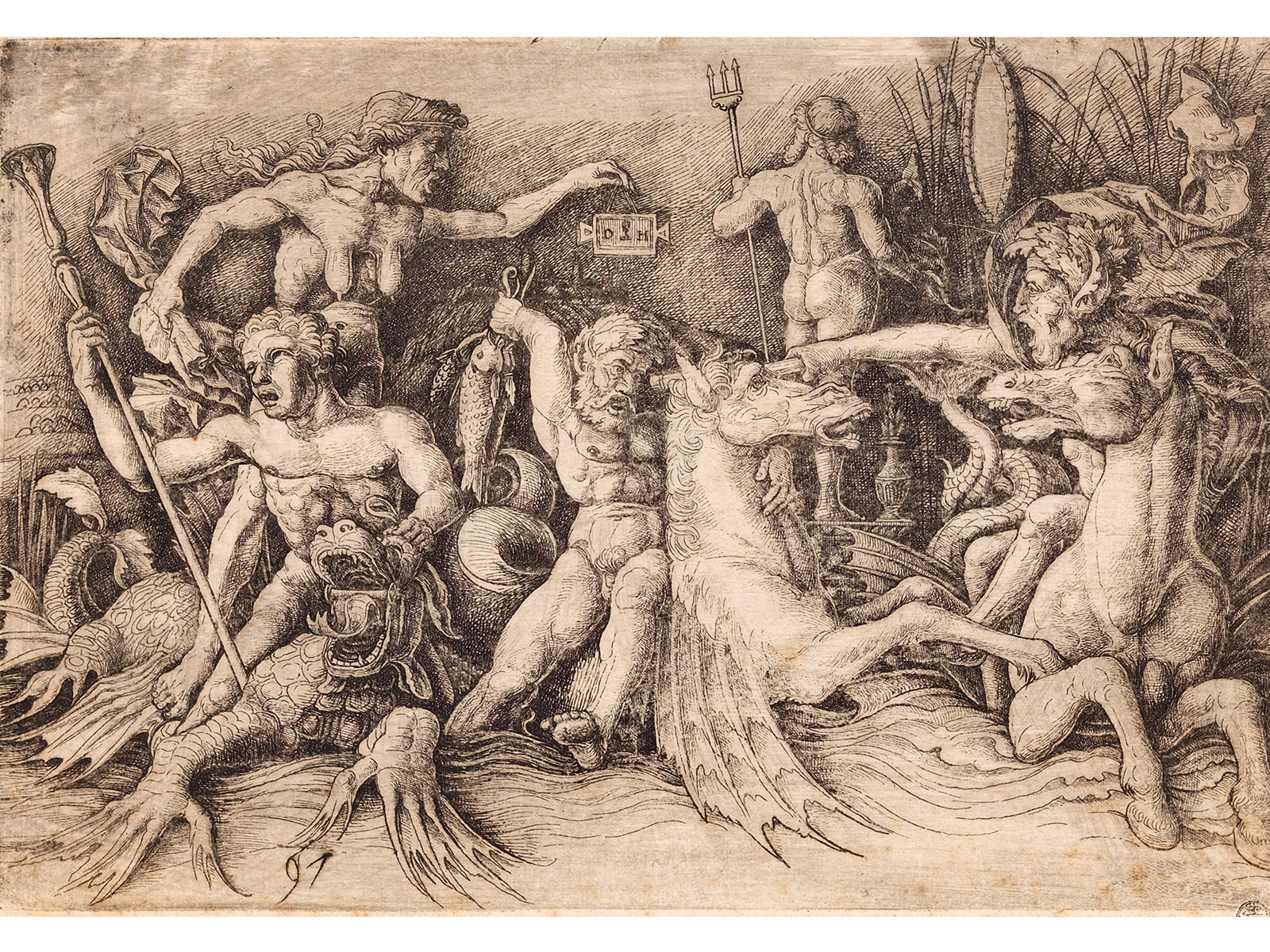 Daniel Hopfner, 1470 - 1536, Battle of the sea gods, engraving: Daniel Hopfner1470 - 1536Battle of the sea godsCopper engravingRepeated on the same page after Andrea Mantegna (with Funck no. 91, printed Nuremberg 1680)_x000B_In good condition, with narrow margins,
