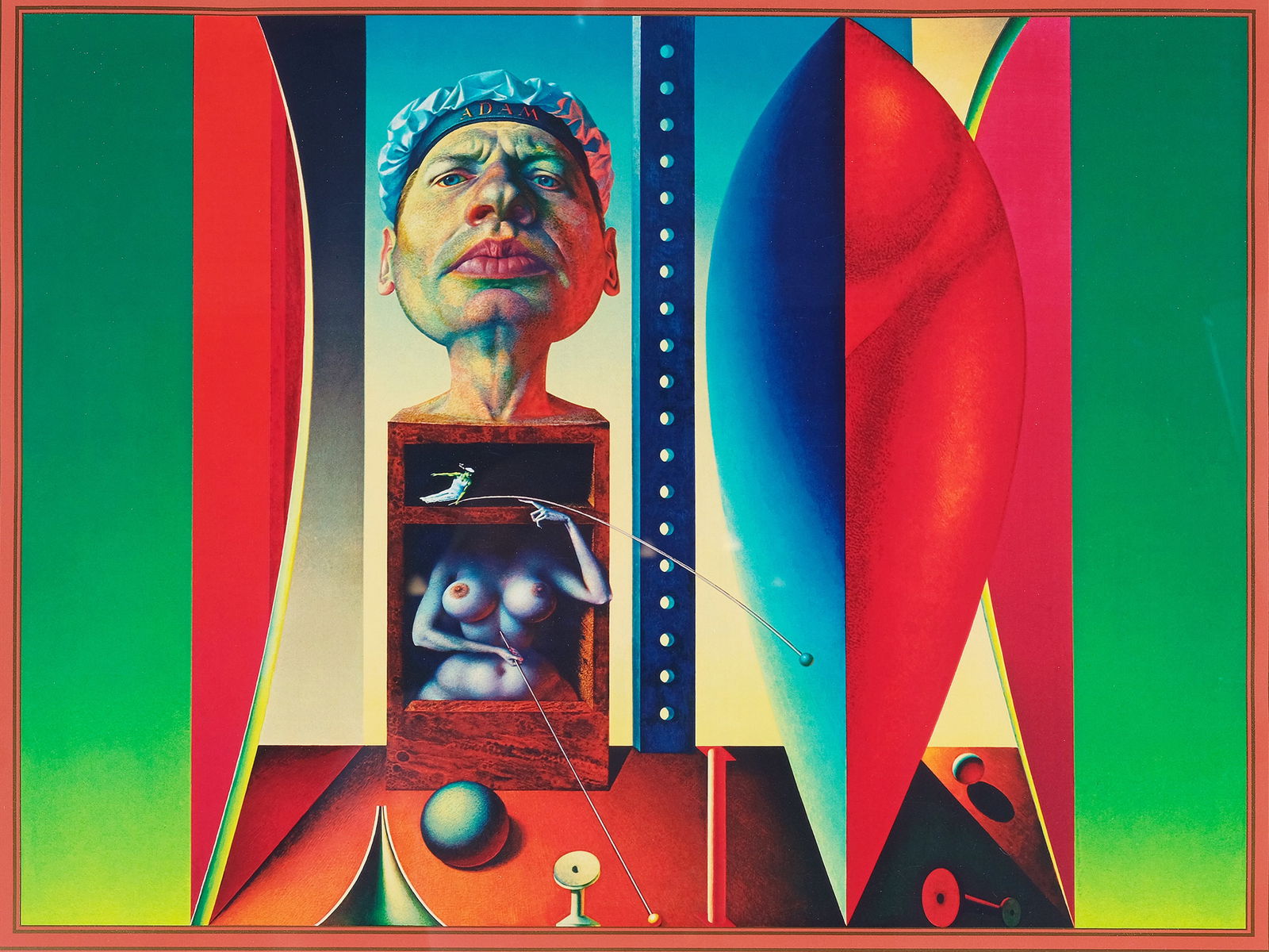 Rudolf Hausner, Vienna 1914 - 1995 Moedling: Rudolf HausnerVienna 1914 - 1995 MoedlingAdam well metLithograph on paper44 x 57 cm, with frame 77 x 92 cmnumbered 123/400, titled "Adam well hit" Dated 1975 l.l.Signed l.r.