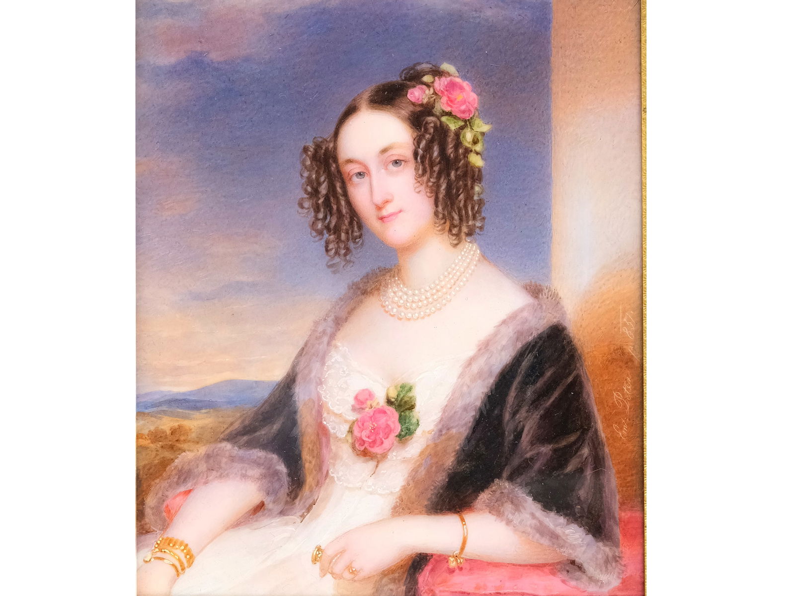 Emanuel Thomas Peter, Jaegerndorf 1799 - 1873 Vienna: Emanuel Thomas Peter Jaegerndorf 1799 - 1873 ViennaLady of the Order of the Star Cross Watercolor on organ. material 12 x 10 cm, with frame 22 x 19,5 cmtitled on the reverse: Emilie Countess von Belru