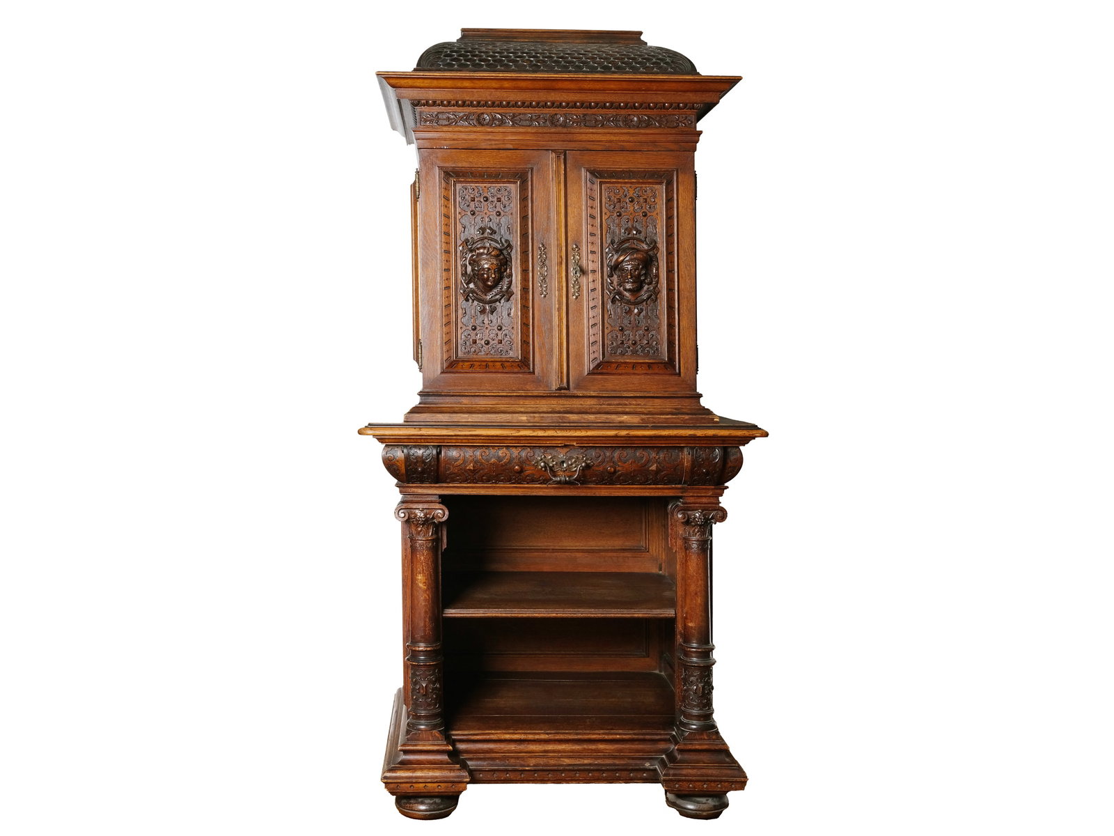 Safe furniture in the Renaissance style, around 1880/90: Safe furniture in the Renaissance style Around 1880/90 Wertheim company, Vienna On the top of a neo-Renaissance top cabinet Architecturally structured Solid hardwood and carved Safe 59 x 58 x 46 cm To