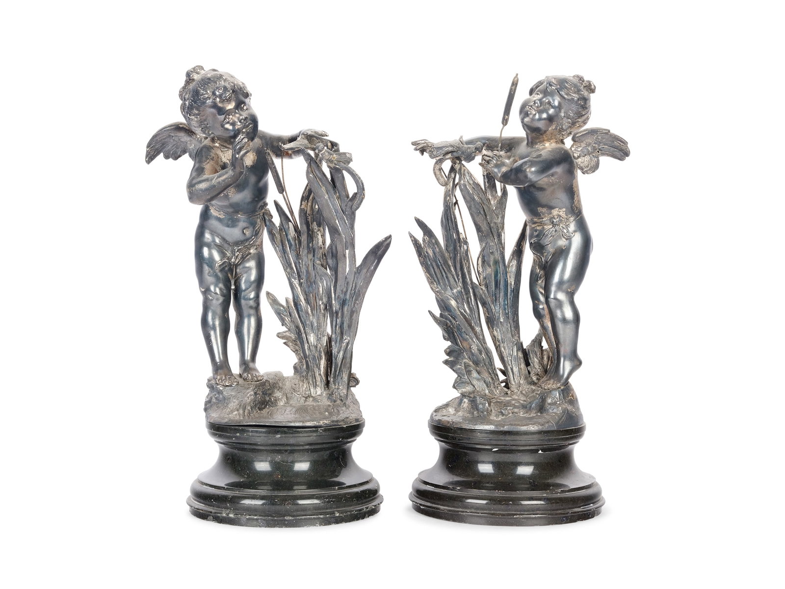 Pair of putti in the reeds, around 1900: Pair of putti in the reeds Around 1900 Cast metal Height 29 cm
