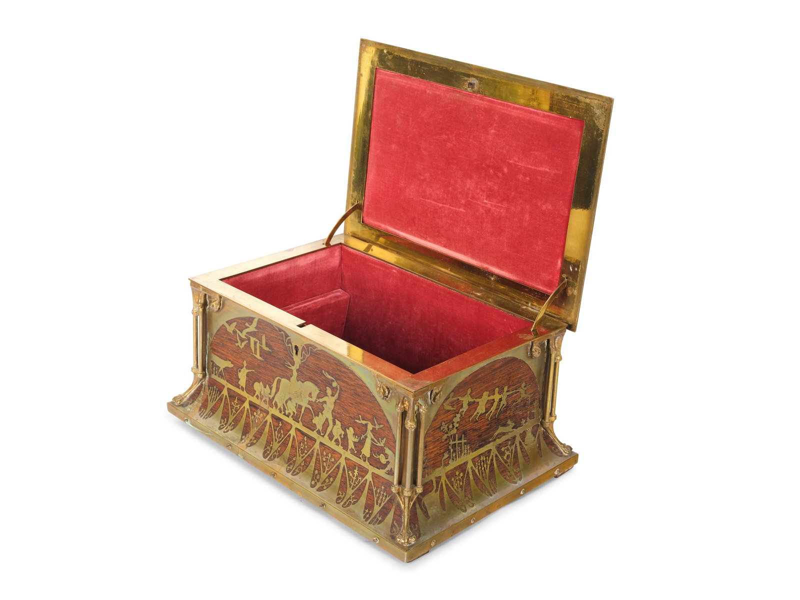 Art Nouveau casket with fairytale scenes, Rosewood inlaid with brass: Art Nouveau casket with fairytale scenes Rosewood inlaid with brass, lined inside with red velvet Rectangular shape, domed hinged lid and carrying handle Height 18.5 cm, width 29.2 cm Depth 20.6 cm