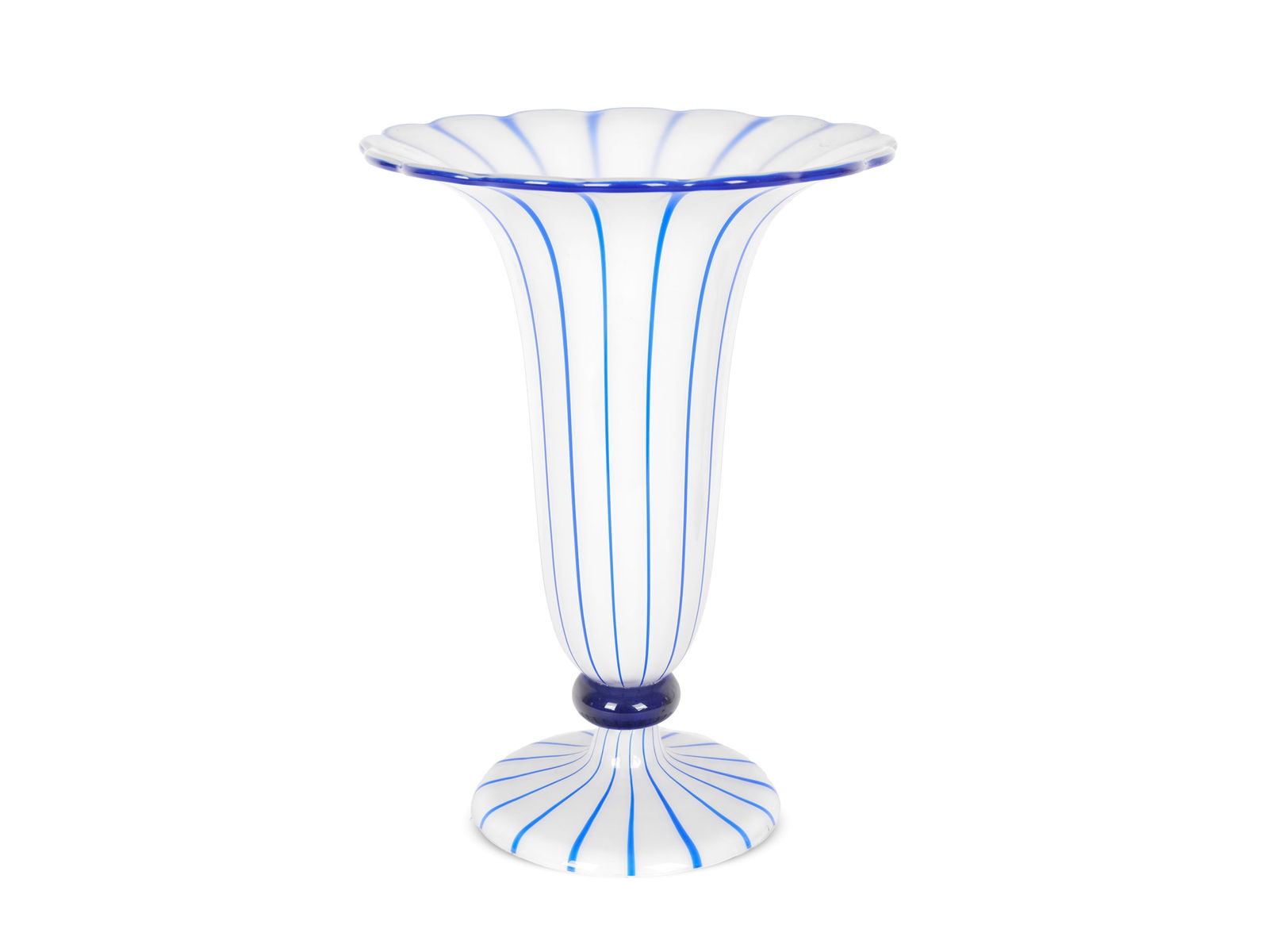 Michael Powolny, Johann Loetz Witwe: Michael PowolnyJudenburg 1871 - 1954 ViennaJohann Loetz WitweFoot vaseKlostermuehle, 1914Colorless glass, white opal underlayStrong colorless top layer with inlaid blue threadsModel blown and moldedHe