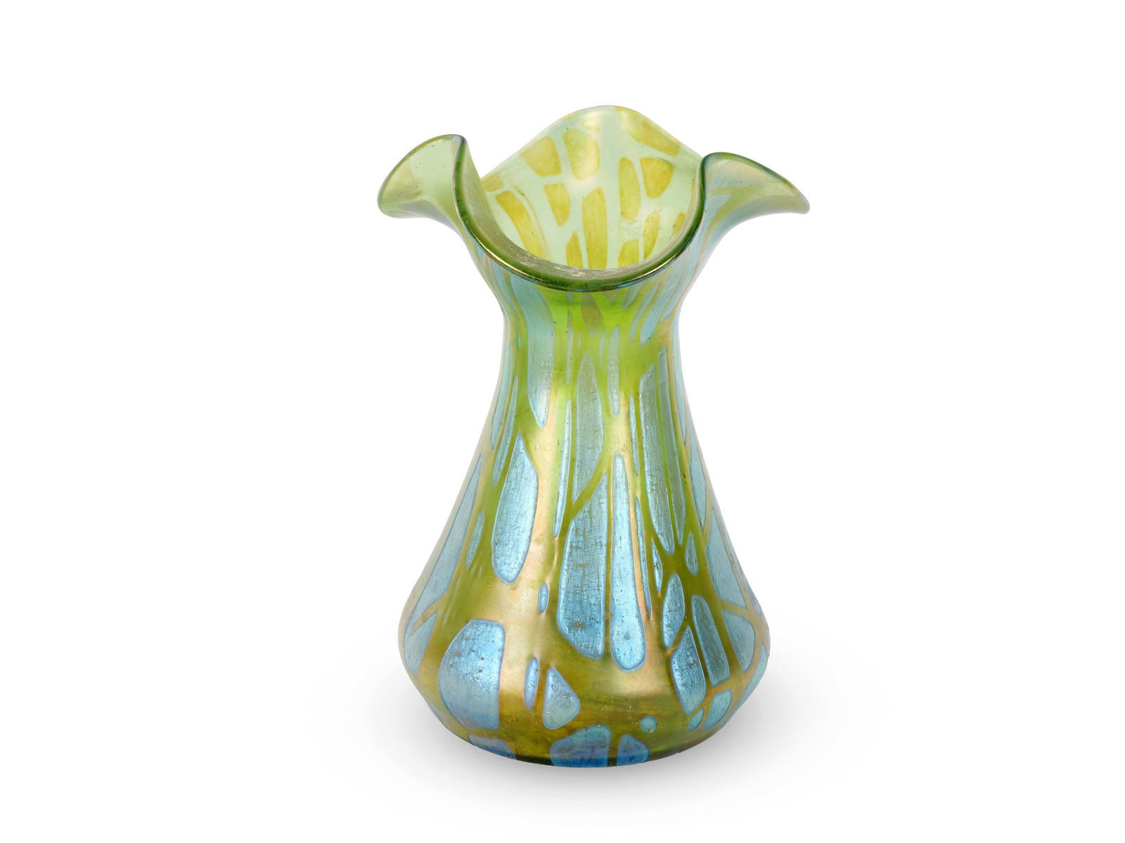 Johann Loetz Witwe, Klostermuehle around 1900, Vase: Johann Loetz Witwe, Klostermuehle around 1900VaseDecor: creta PampasColorless glass, green overlay, opaque silver-yellow powder meltingsWith applied and rolled-in colorless threads, model blown,reduce