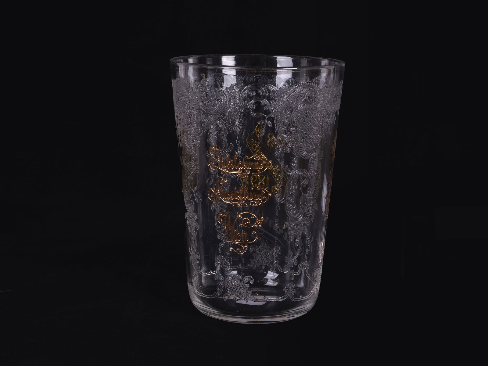 Glass beaker, Anniversary exhibition Vienna: Glass beaker Anniversary exhibition Vienna Franz Joseph I 1848-1808 Viribus Unitis Company Lobmeyr Vienna? Height 11 cm, diameter 7.7 cm