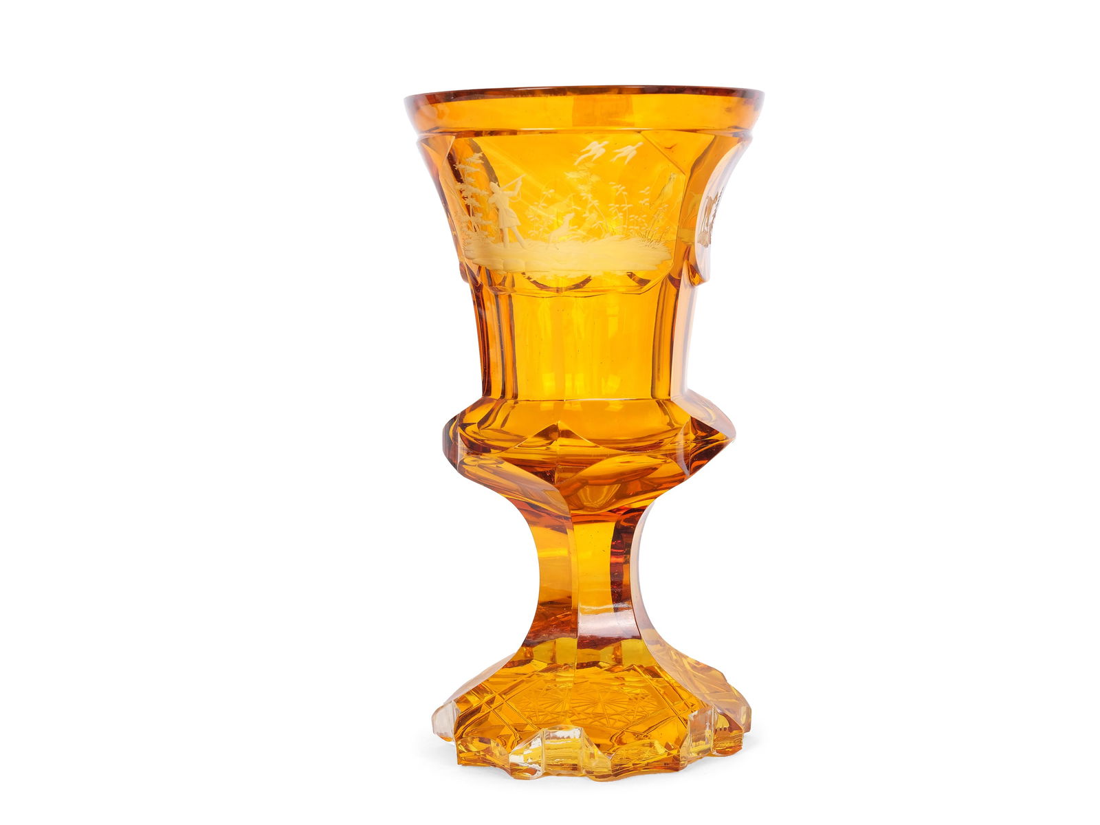 Cup, Bohemia: Cup Bohemia 2nd half 19th centuryClear glass, glazed yellowCarved hunting scenesHeight 19 cm