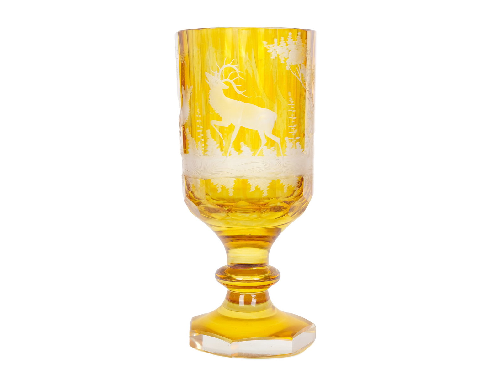 Cup, Bohemia: Cup Bohemia 2nd half 19th century Clear glass with yellow glaze Carved hunting scene on the wall Height 20 cm
