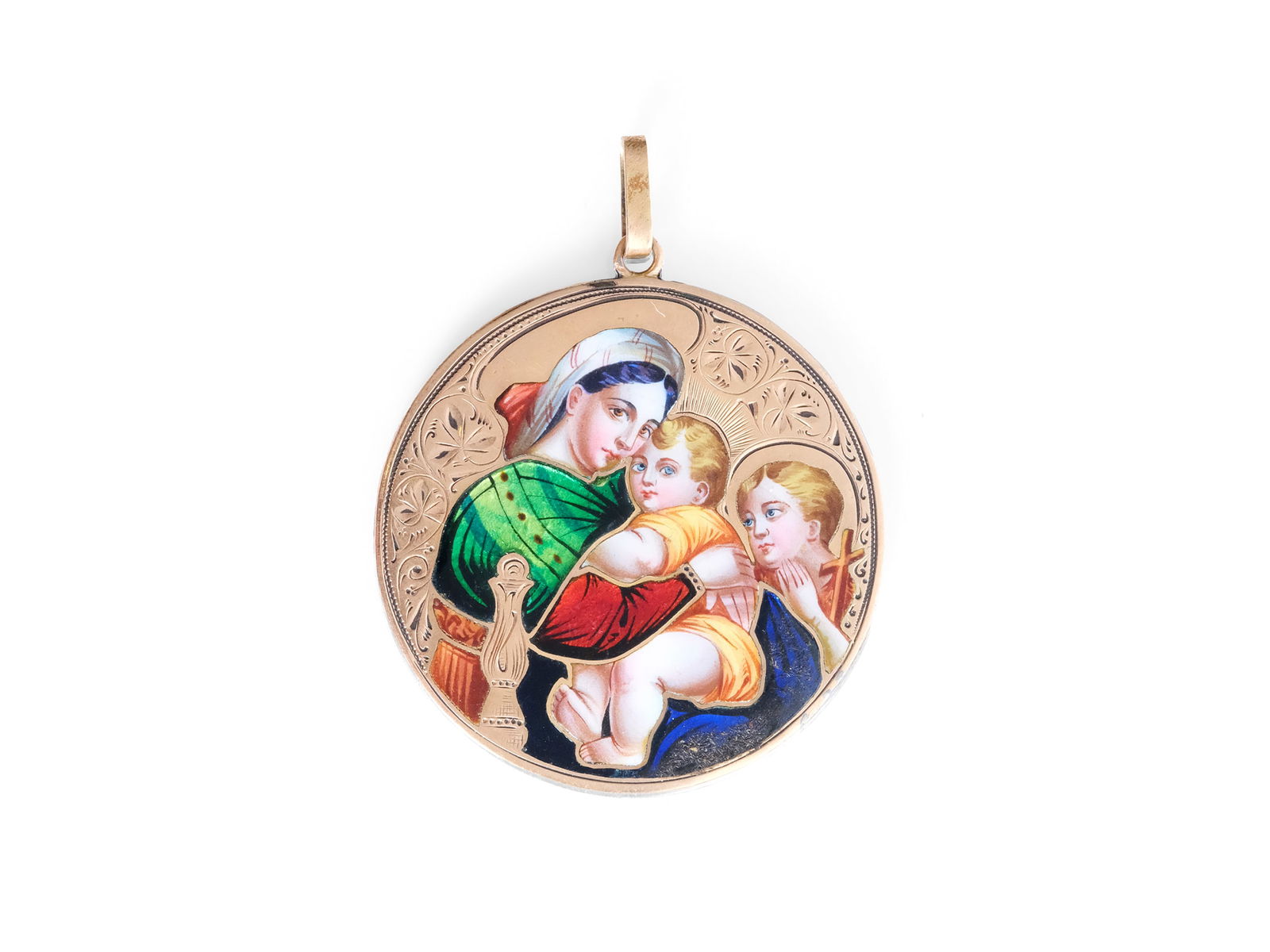 Medallion, 14kt rose gold marked?: Medallion 14kt rose gold marked?Slightly dam. rep.Madonna after RaphaelEnamel painting undamagedDiameter 4 cmWeight 19.1 g