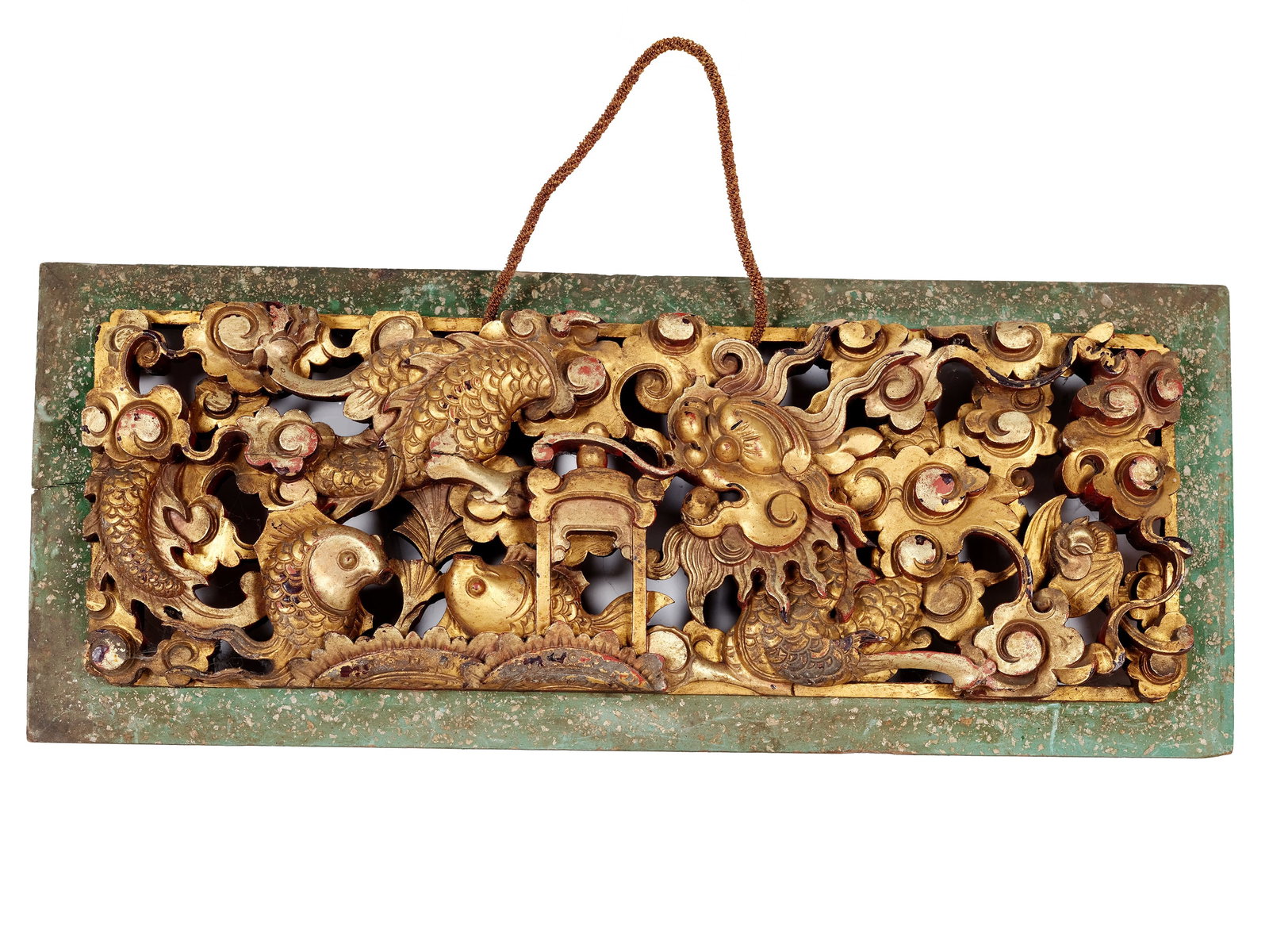 Relief with fish, China: Relief with fish China 19th century Carved wood, painted and gilt Height 20.5 cm, width 54 cm, depth 4 cm