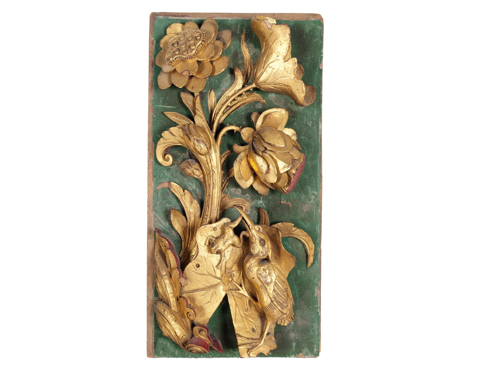 Relief with flowers, China: Relief with flowers China 19th century Carved wood, painted and gilt Height 15 cm, width 30 cm, depth 4 cm