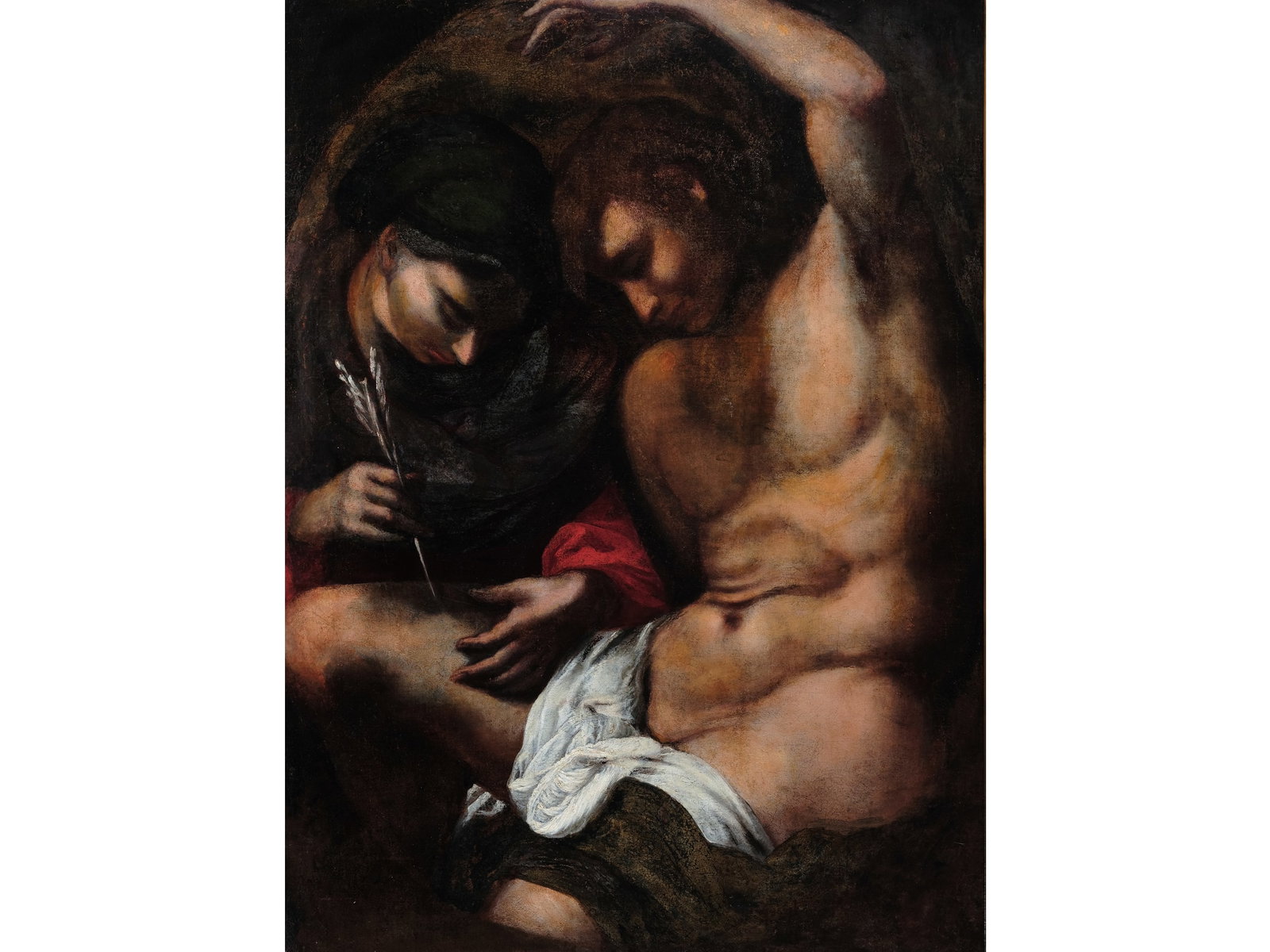 Italian Carravaggist, Saint Sebastian: Italian Carravaggist Saint Sebastian Late 16th/early 17th century Oil on canvas, relined 105.5 x 78 cm, with frame 118 x 91 cm Technical examination "Complex Painting Examination" (in Hungarian) enclo