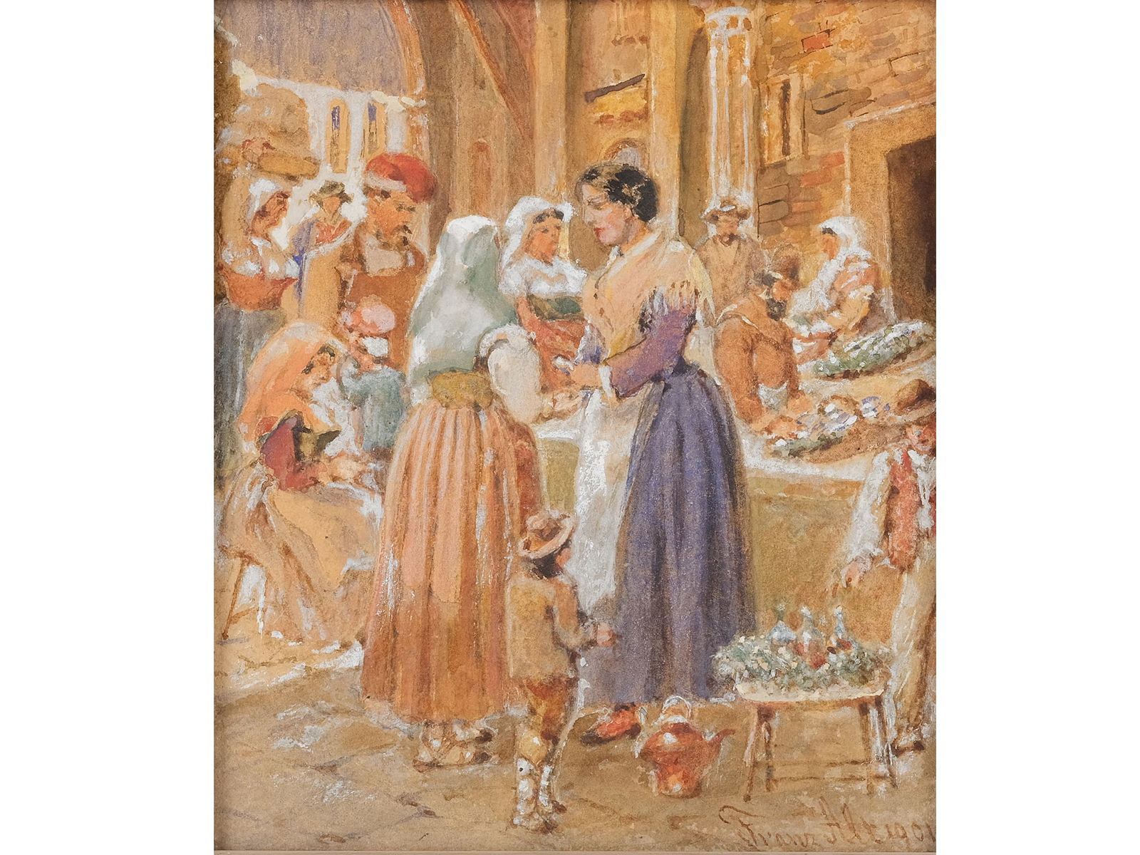 Franz Alt, Vienna 1821 - Vienna 1914: Franz AltVienna 1821 - Vienna 1914Market in NaplesMixed media on paper15.5 x 13 cm, with frame 26 x 24 cmSigned and dated 1901 lower left