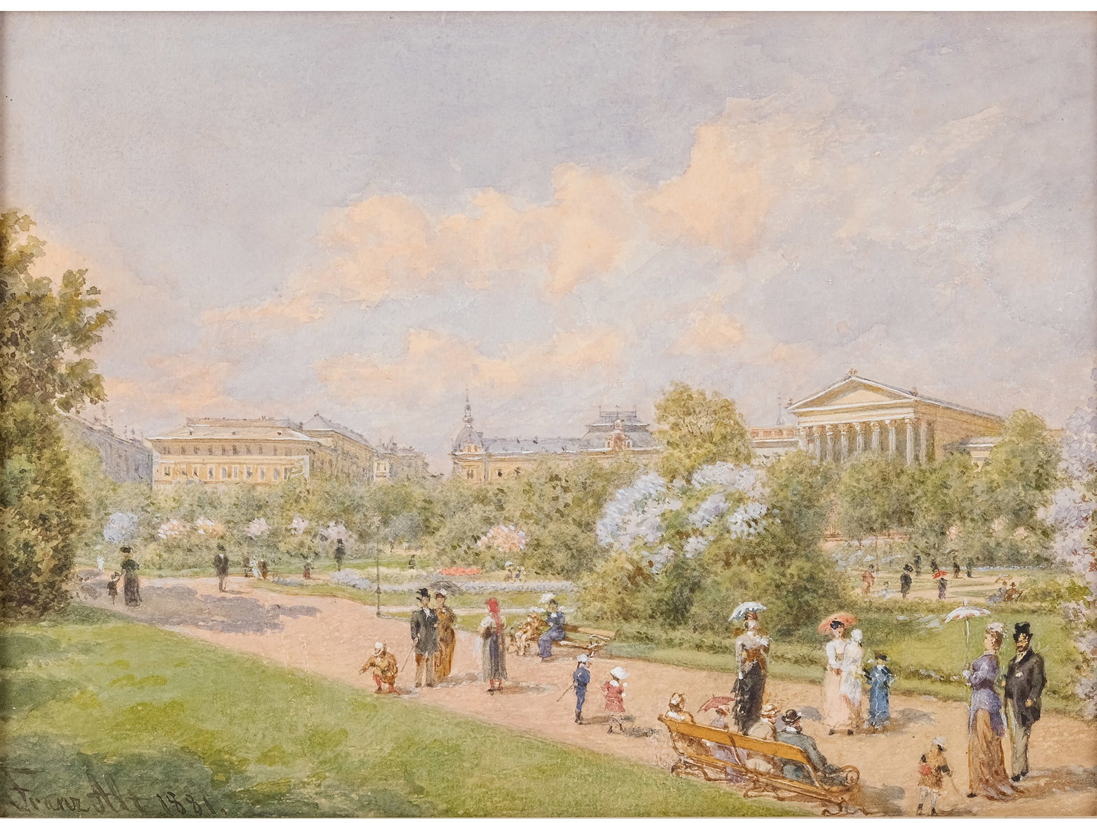 Franz Alt, Vienna 1821 - 1914 Vienna: Franz AltVienna 1821 - 1914 ViennaPeople's Garden in ViennaWatercolor on paper19 x 26.5 cm, with frame 32 x 39 cmSigned and dated 1881 lower left