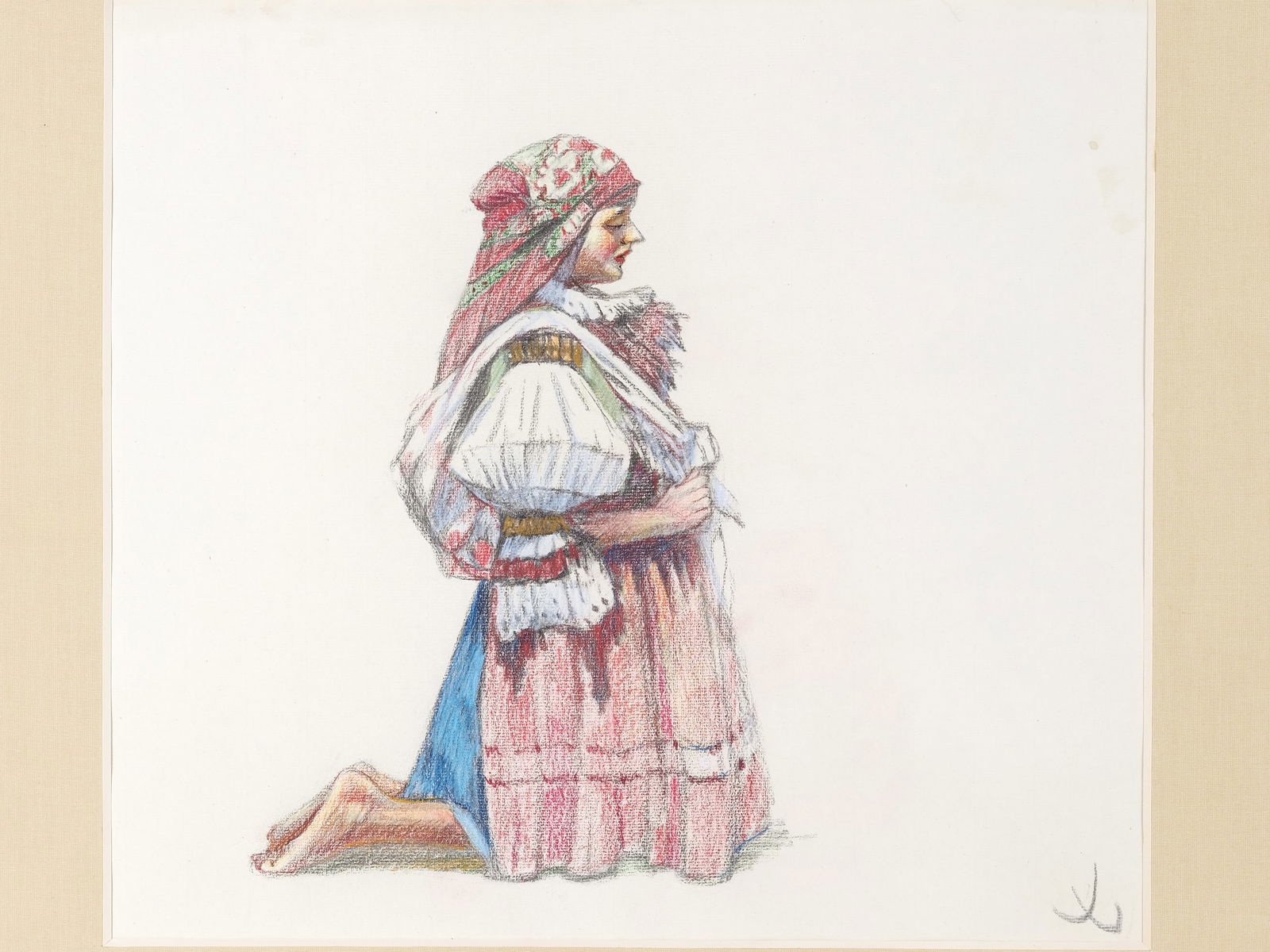 Joza Uprka, Knezdub 1861 - 1941 Hroznova Lhota: Joza UprkaKnezdub 1861 - 1941 Hroznova LhotaKneeling girl in Czech costumePastel chalk on paper41 x 45 cm, with frame 62.5 x 65 cmMonogrammed lower right