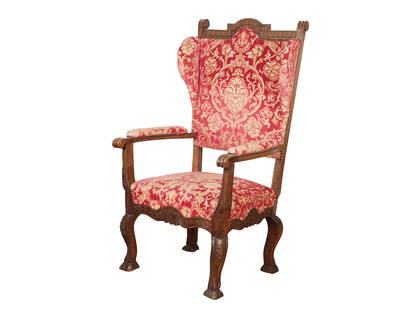 Baroque armchair, 18th century: Baroque armchair18th centuryCarved wood andUpholstered with velvetHeight 140 cm, width 75 cm, depth 70 cm