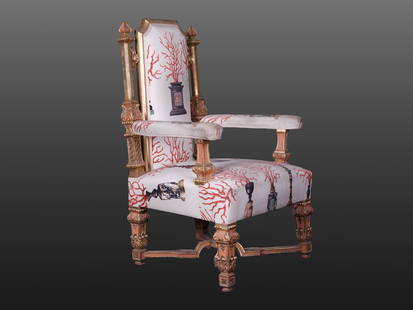 Magnificent armchair, Italy?: Magnificent armchairItaly?Around 1840Gilt and upholstered with fabric with coral motifsHeight 118 cm, seat height 48 cmWidth 75 cm, depth 63 cm