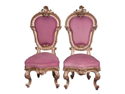 Pair of armchairs, Carved and gilded wood: Pair of armchairsCarved and gilded woodHeight 120 cm, width 50 cm, depth 48 cm