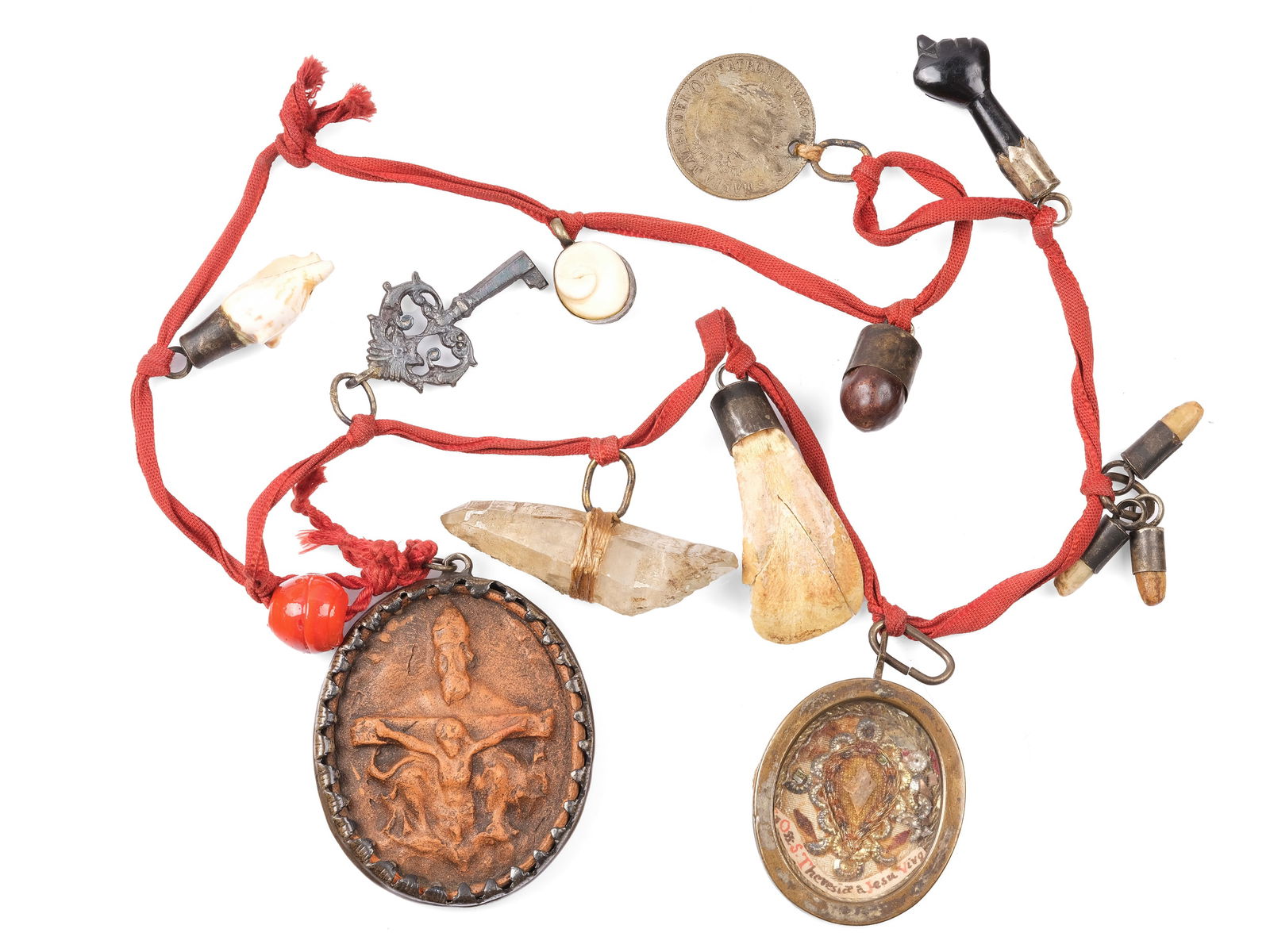 Rosary with Arma Christi, Terracotta relief with mercy seat and relics: Rosary with Arma ChristiTerracotta relief with mercy seat and relicsParts of relics looseTotal length approx. 86 cm