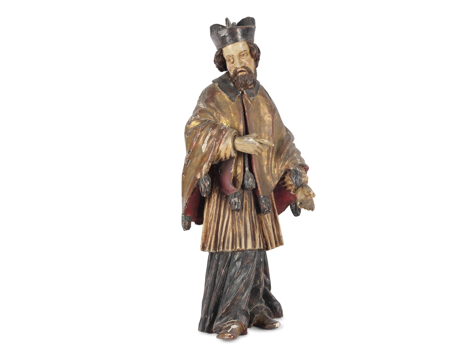 Saint Nepomuk, 18th century: Saint Nepomuk 18th century Carved lime wood and polychrome painted Height 78 cm Paint peeling off