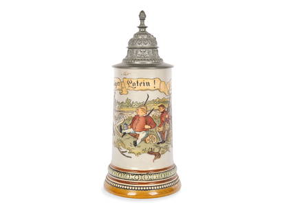 Beer mug, Mettlach: Beer mugMettlachlate 19th centuryStoneware, colorful depictions of daily lifePewter rimCompany logo on the bottomHeight 25.1 cm