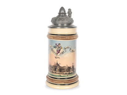 Beer mug, Mettlach: Beer mugMettlachlate 19th centuryStoneware, colored depiction ViennaPewter rimHeight 23 cmMarked on the bottom