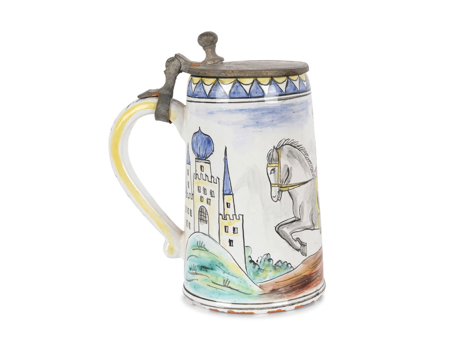 Faience jug with pewter lid, Colorfully painted (1 of 3)