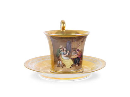 Anton Kothgasser (1796-1851), attributed, Cup with saucer: Anton Kothgasser (1796-1851), attributedCup with saucerOld ViennaWhite porcelain with a golden backgroundMiniature painting in the centerGenre sceneSaucer diameter 16 cm,Cup height 7.5 cmBlue bandage
