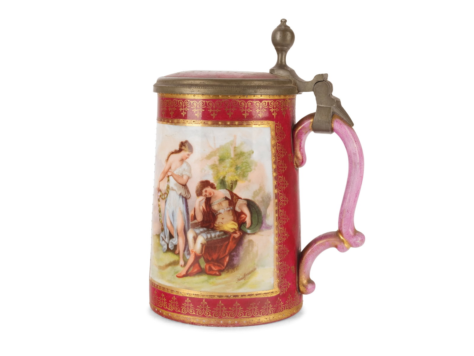 Jug, Around 1900: Jug Around 1900 Porcelain, colorfully painted and gilded Height 17,5 cm Unmarked Minimally chipped