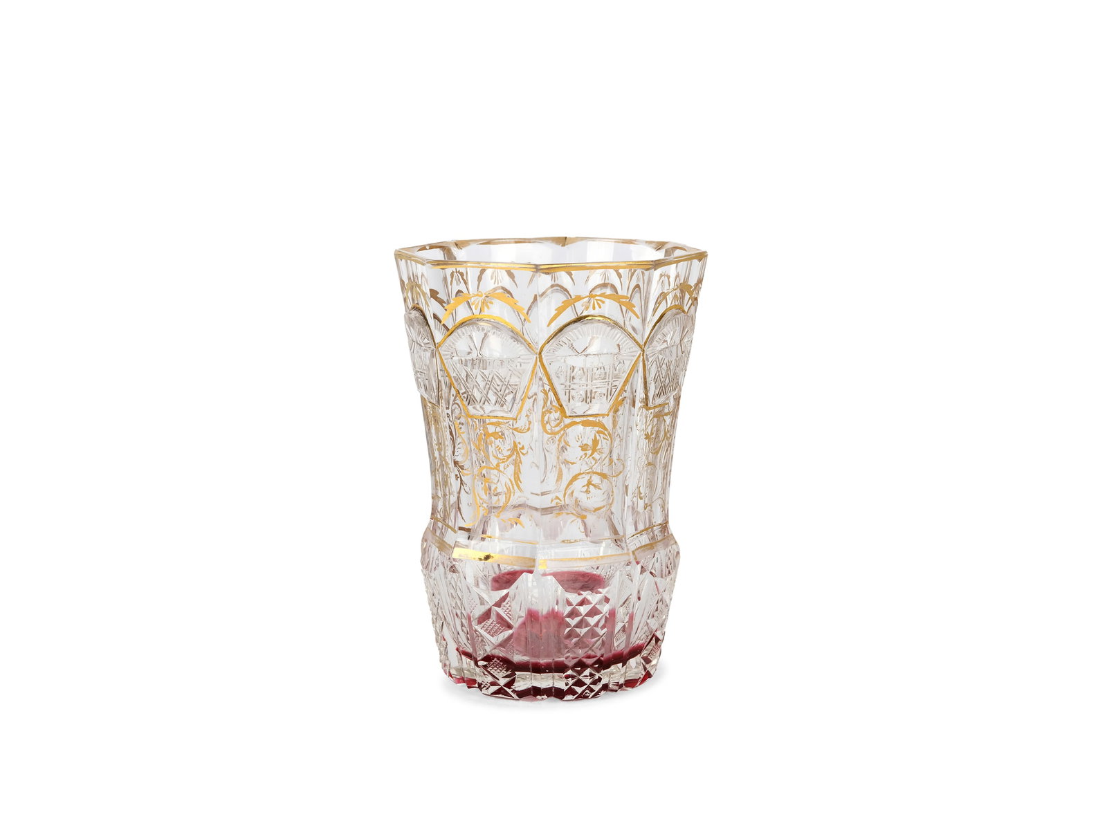 Biedermeier glass, Around 1830/40: Biedermeier glass Around 1830/40 Colorless glass, red overlay at the bottom Cut gold decoration on the upper rim, with multiple bevels Height 11 cm