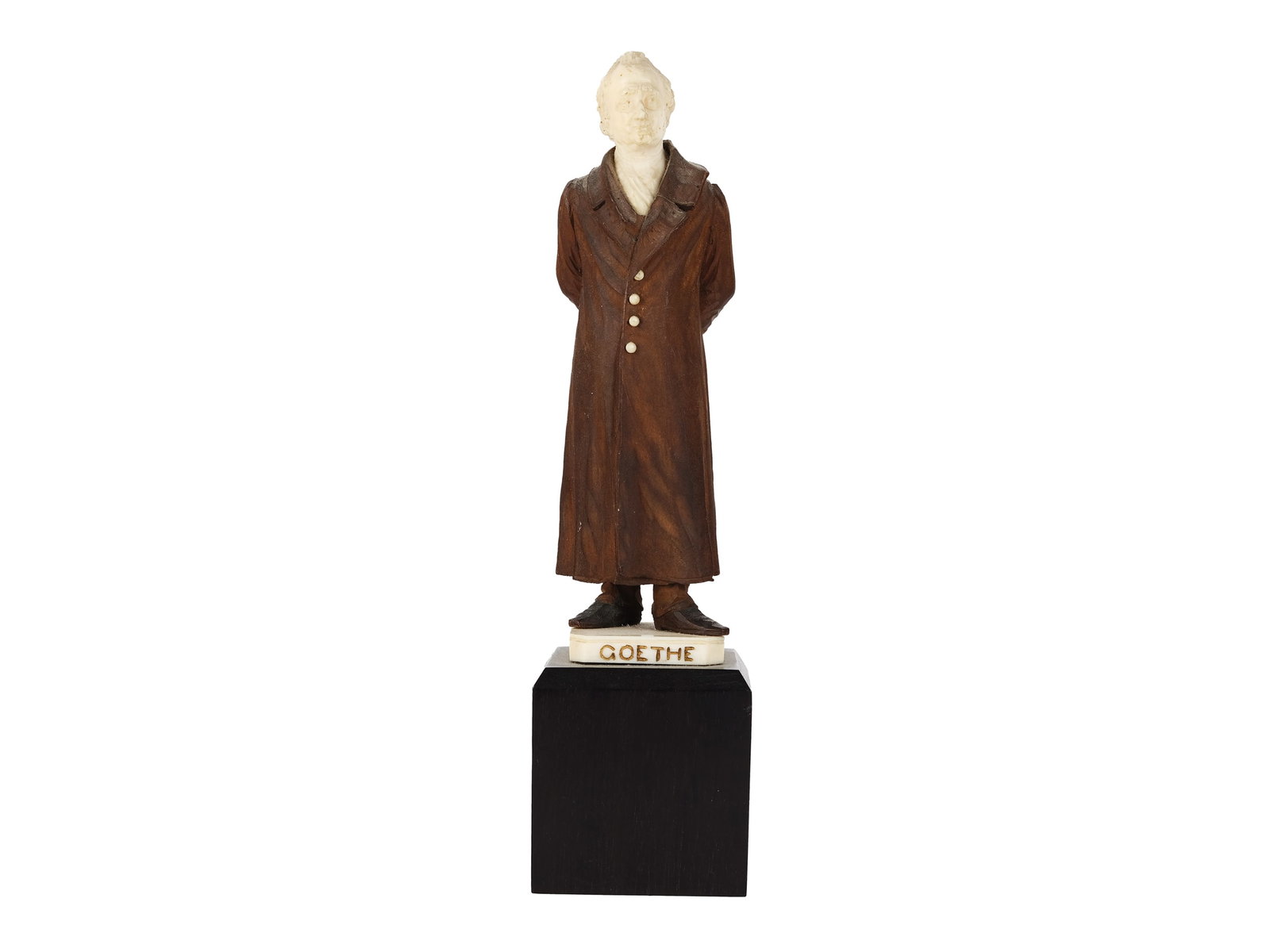 Sculpture on a wooden plinth, Goethe in a housecoat: Sculpture on a wooden plinth Goethe in a housecoat wood height 20,5 cm