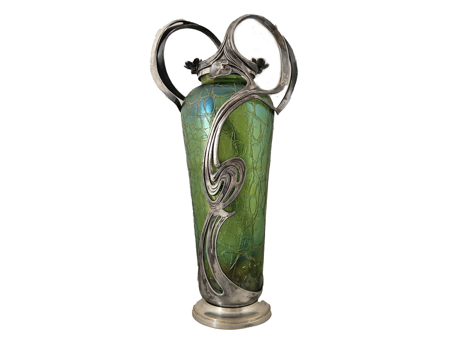 Glass vase with metal mounting, Johann Loetz Witwe, Klostermuehle: Glass vase with metal mountingJohann Loetz Witwe, KlostermuehleWith a floral metal mount with handles by Moritz Hacker, ViennaAround 1900Height 50 cm, diameter 25 cmMinor damage to the mount