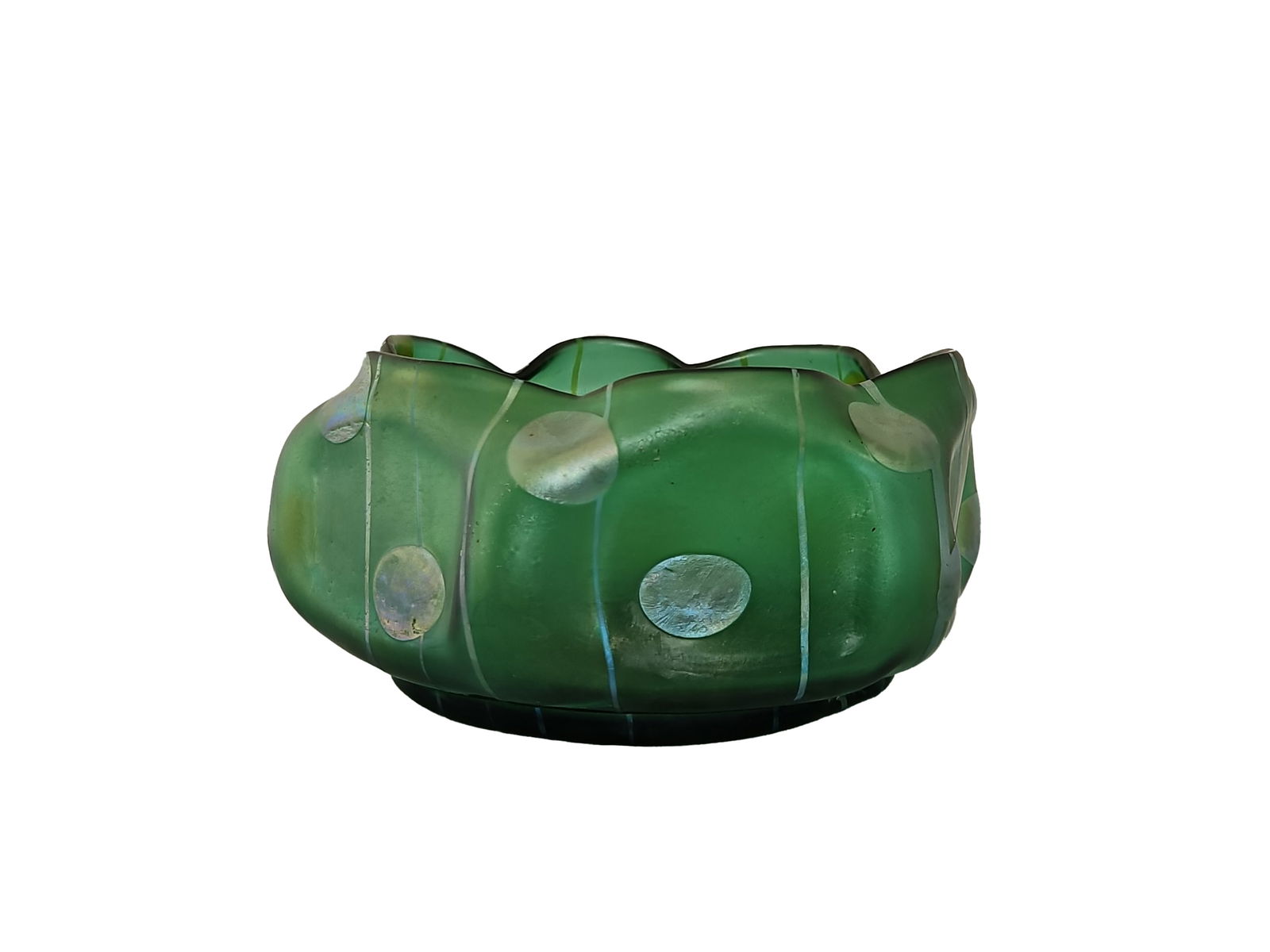 Vase, Loetz-Witwe Klostermuehle: VaseLoetz-Witwe KlostermuehleDecor "Stripes and spots" EleonorenhainAustria, ca. 1900 Iridescent, polished outlineHeight 9 cm, diameter 21 cmVery good condition