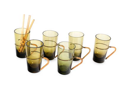 Carl Auboeck workshop, 6 Sangria glasses: Carl Auboeck workshop6 Sangria glassesAround 1960/70Green glassBrass and rattan handlesIncl. four original bamboo stirrersHeight 12 cm, diameter 7 cm