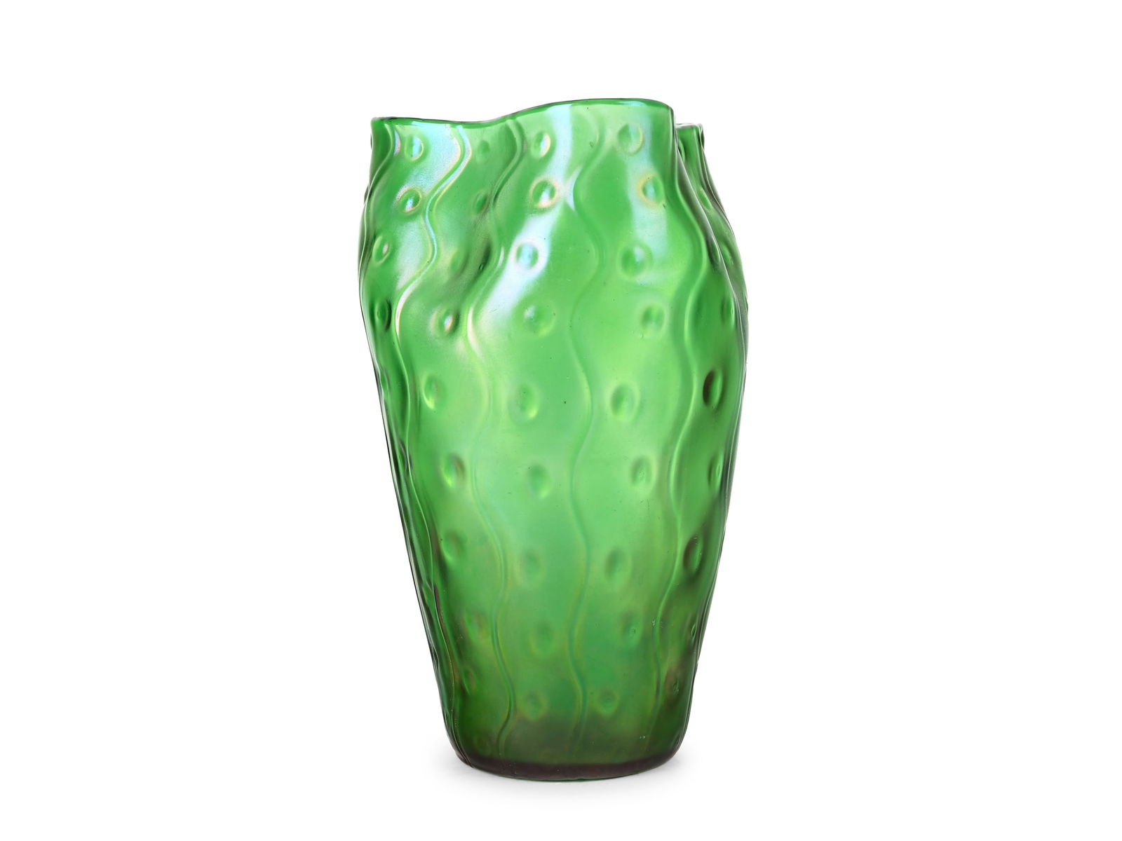 Vase, Loetz widow monastery mill: VaseLoetz widow monastery millIn the style of Creta RusticanaGlass iridescent and greenHeight 26.5 cmSlight loss of color and chipped at the bottom