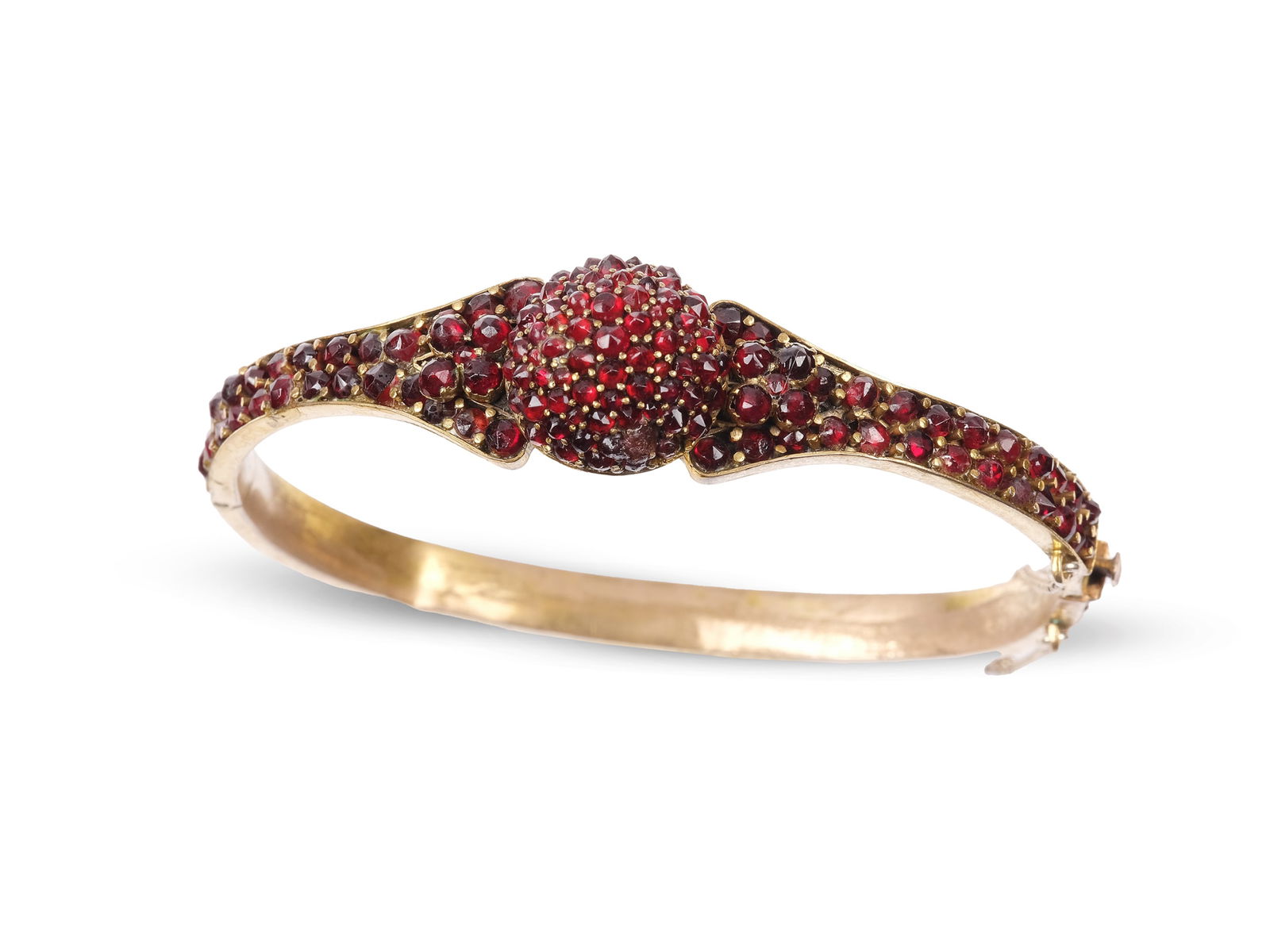 Bangles, Gold-plated brass with garnets: BanglesGold-plated brass with garnetsInner length 6.1 x 5.2 cmWeight 17 g