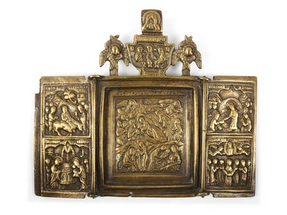 Three-part traveling icon, 18th/19th century: Three-part traveling icon18th/19th centuryCast bronze or brassTotal length 12.4 cm, height 12.5 cm