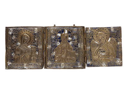 Three-part traveling icon, 18th/19th century: Three-part traveling icon18th/19th centuryCast bronze or brassTotal length 35.5 cm, height 13.5 cm