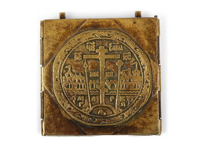 Three-part traveling icon, 18th/19th century: Three-part traveling icon18th/19th centuryCast bronze or brass and enameledTotal length 16 cm, height 6 cm