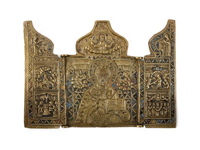 Three-part traveling icon, 18th/19th century: Three-part traveling icon18th/19th centuryCast bronze or brass and partially enameledDimensions open 14.5 cm, total height 10.5 cmPartially damaged