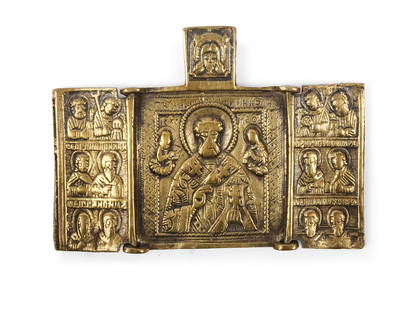 Three-part traveling icon, 18th/19th century: Three-part traveling icon18th/19th centuryCast bronze or brassTotal length 8.3 cm, height 6.2 cm
