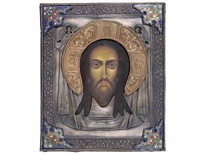 Icon with oklad, Russia: Icon with okladRussiaSilver-plated metal oklad, with enamel31 x 25.5 cm