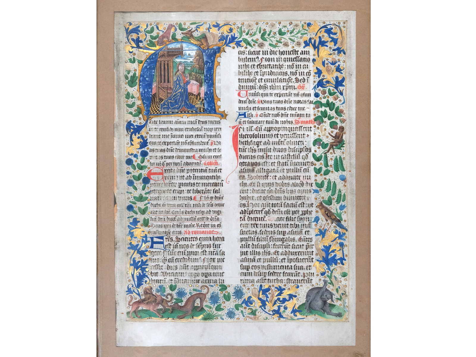 FOLIO FROM A BOOK OF HOURS, FLEMISH: Folio from a book of hoursFlemishMid-15th centuryPainted and gilt parchment42 x 29 cm, with frame 56 x 44 cmIn a 15th-century Gothic frameInscription "Tota pulchra es, amica mea, et macula non est in