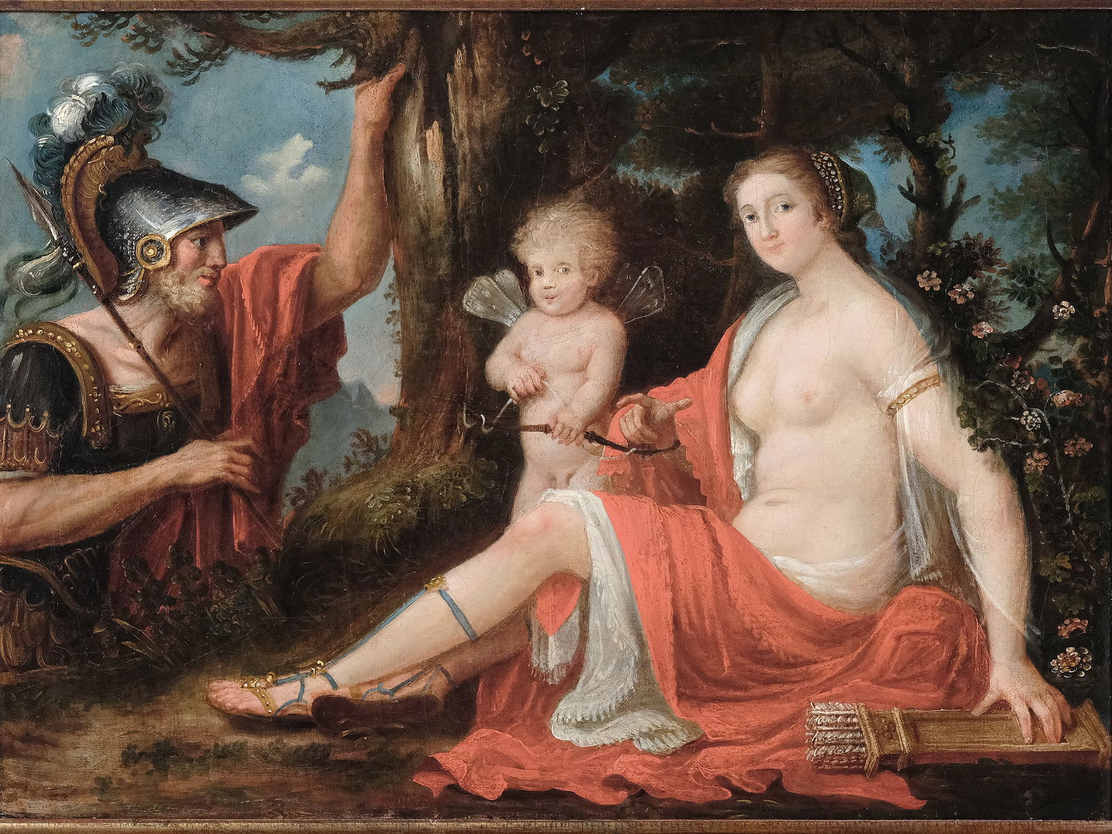 VENUS, MARS AND CUPID, GERMAN SCHOOL: Venus, Mars and CupidGerman school18th centuryOil on canvas, relined31 x 41 cm, with frame 50.5 x 61 cm
