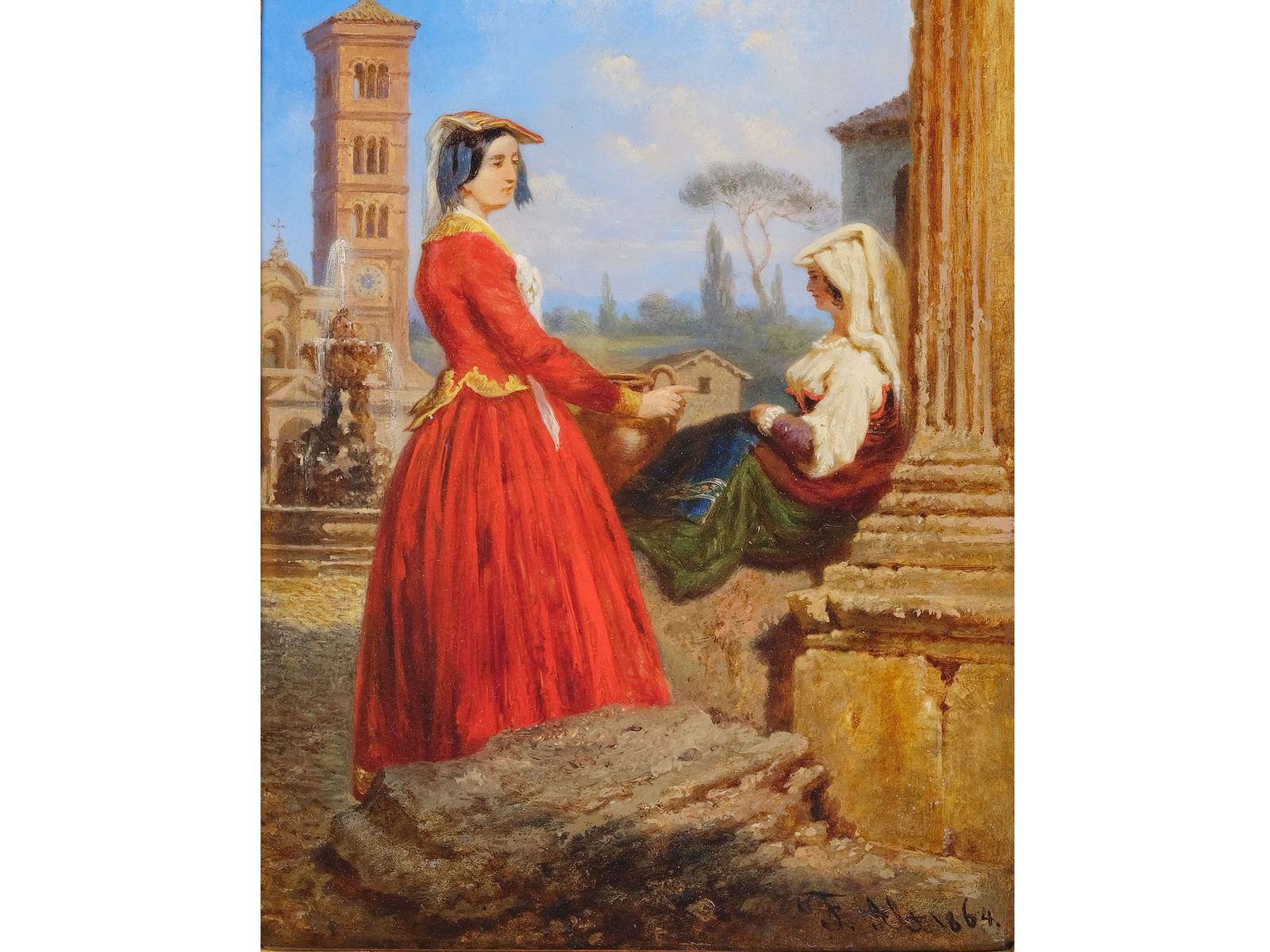 FRANZ ALT, VIENNA 1821 - 1914 VIENNA, CIRCLE OF: Franz AltVienna 1821 - 1914 Vienna, circle ofTwo Roman WomenOil on wood18.5 x 14 cm, with frame 35 x 31 cmSigned and dated 1864 lower right