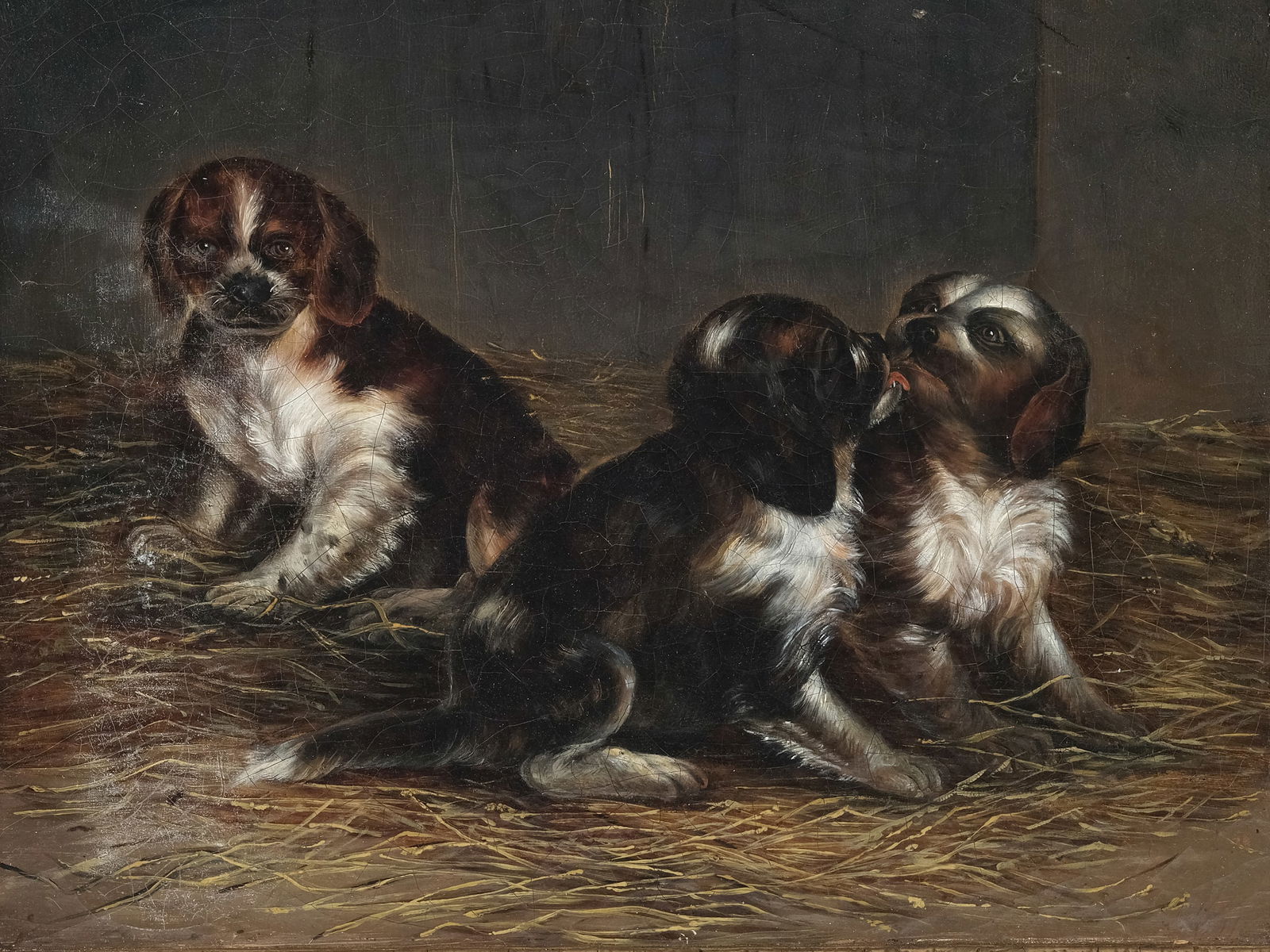 MONOGRAMMED AROUND 1900, PUPPIES: Monogrammed around 1900PuppiesOil on canvas30 x 37 cm, with frame 44 x 51 cmMonogrammed and dated 1871 lower rightIn a Biedermeier ox-eye frame, wood carved and gilt