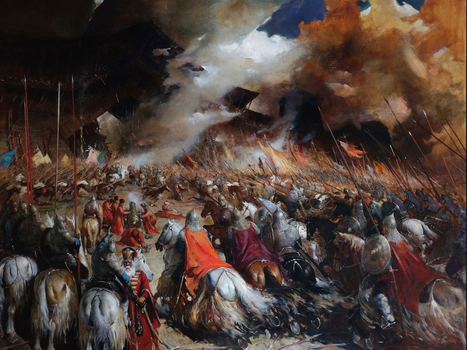 GIUSEPPE CHIACIGH, VLADIKAVKAZ 1895 - 1967 TRIESTE: Giuseppe ChiacighVladikavkaz 1895 - 1967 TriesteThe Conquest of KazanOil on canvas140 x 179 cm, with frame 151 x 191 cmSigned lower right